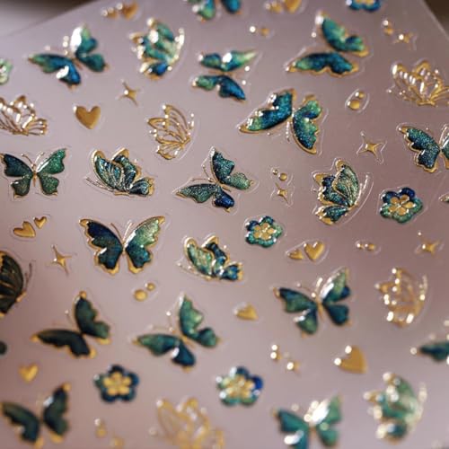 5D Embossed Green Butterfly Spring Nail Stickers Self-Adhesive Decals