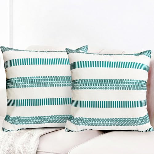 Teal Blue Boho Striped Throw Pillow Covers 16x16 Set of 2 Linen