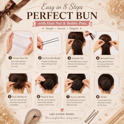 Invisible Hair Net Set for Ballet Buns (Brown, 20 Pcs with 50 U Pins)