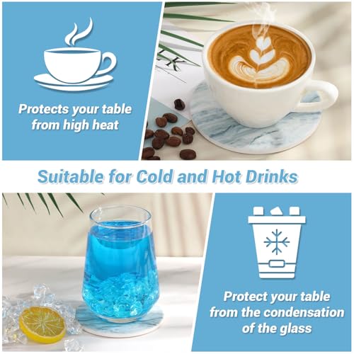 Acejoz 6-Piece Blue Marble Ceramic Coaster Set with Metal Holder
