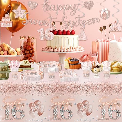 Rose Gold Sweet 16 Party Tablecloths - 3 Pack, 86 x 55 in