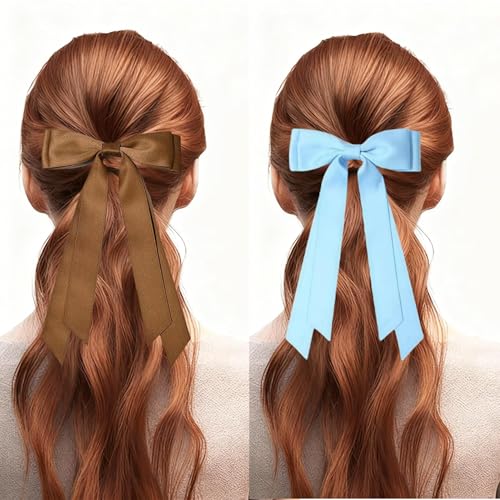 Satin Hair Bows Clips for Women and Girls, Blue and Brown Hair Ribbons, 2PCS
