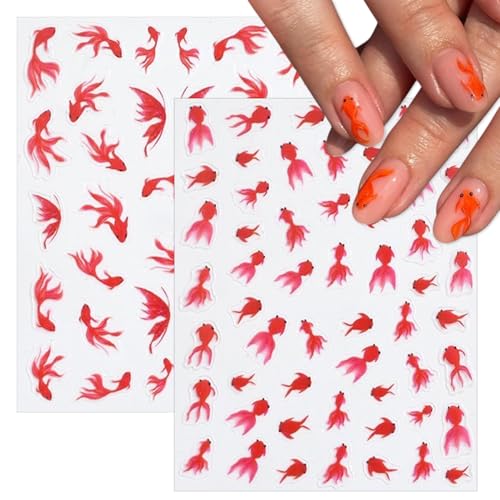 KTAABTR 3 Sheets 3D Red Koi Fish Nail Stickers Self-Adhesive Decals