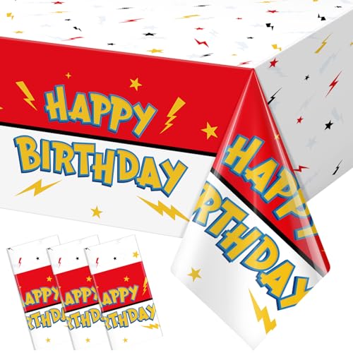 3 Pack Red & White Birthday Tablecloths - Happy Birthday Design, 54" x 108"