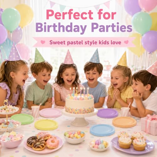BOKFJBP 48Pcs Pastel Rainbow Paper Plates - 7 Inch Disposable Party Plates Set