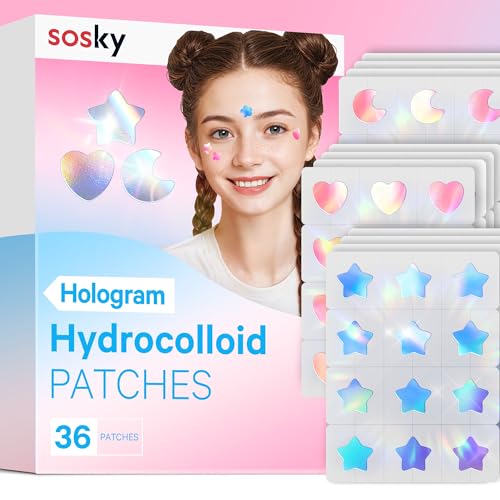 Sosky Holographic Pimple Patches - Cute Hydrocolloid Acne Stickers with Salicylic Acid, 36 Count
