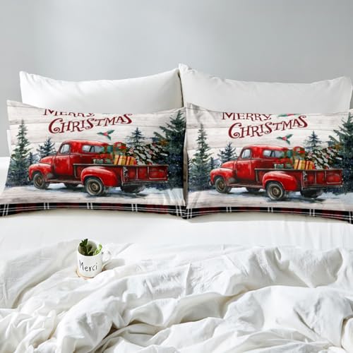 Christmas King Size Duvet Cover Set with Truck & Checkered Design - Rustic Holiday Bedding 3Pcs
