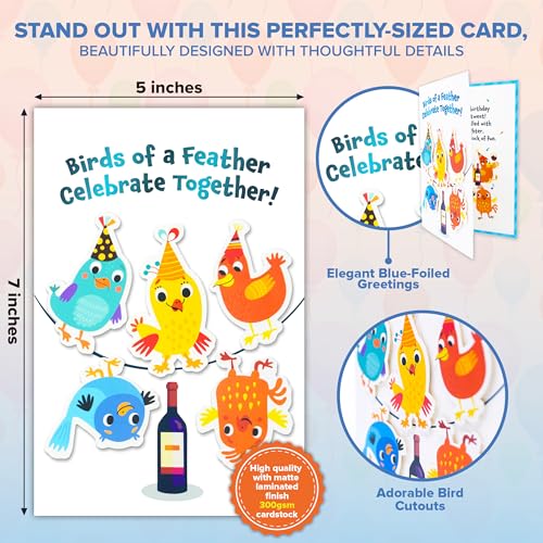 Humorous Bird Birthday Card Set - 5x7in Blue Foil Design