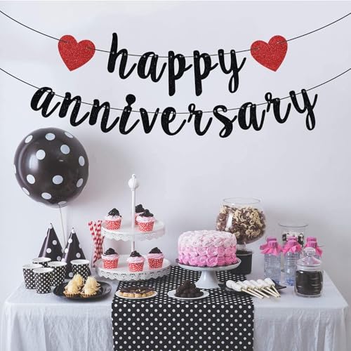 Happy Anniversary Banner - Black & Red Glitter Party Decoration