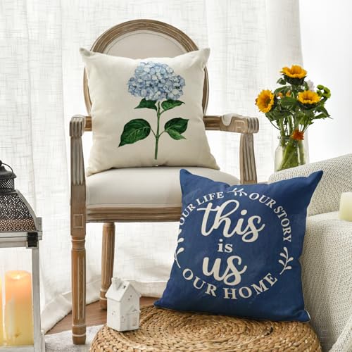 Blue Hydrangea Throw Pillow Covers - 18x18 Inch Set of 4