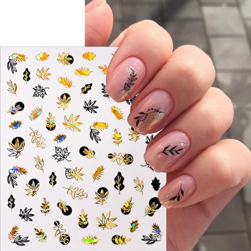 Black Gold Fall Maple Leaf Nail Stickers - 8 Sheets Self-Adhesive Autumn Decals