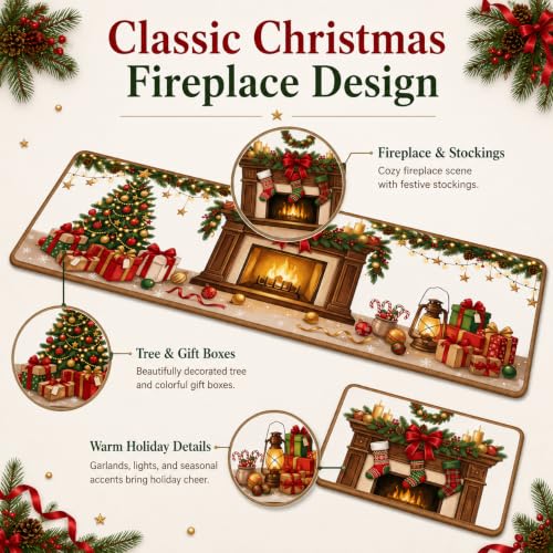 Christmas Fireplace Kitchen Mat Set of 2 Non Slip Rugs - Holiday Decor