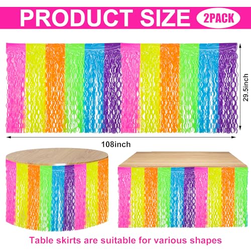 2 Pack Glow in the Dark Neon Tinsel Table Skirts - 108 x 29.5 Inch Party Decor