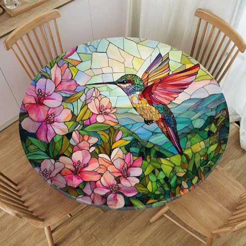 Hummingbird Round Fitted Tablecloth for 45-56" Tables - Waterproof, Elastic Table Cover for Indoor & Outdoor Use