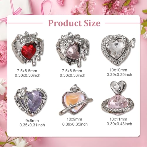 Sutaozhi 12Pcs 3D Silver Heart Nail Charms and Rhinestones for DIY Manicure