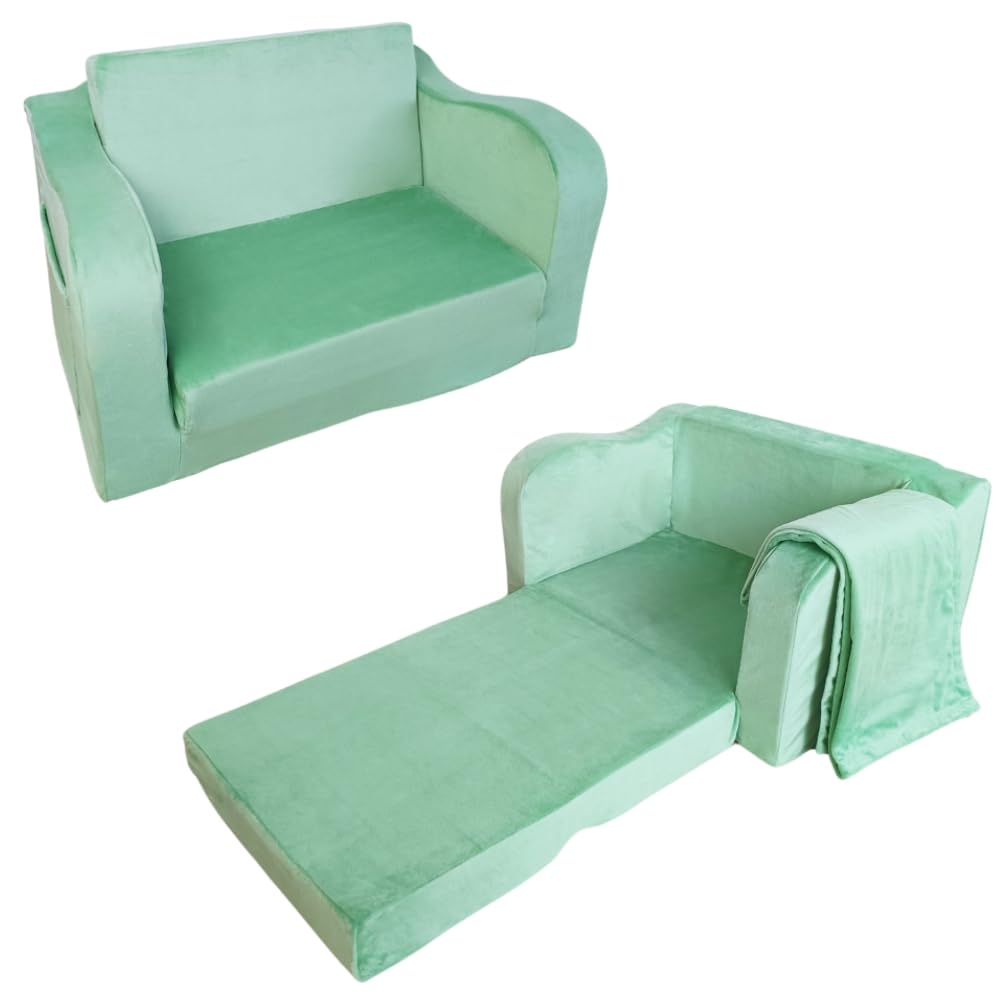 Wonder Space Kids Foam Couch with Blanket, Pre-Assembled Toddlers 2-in-1 Convertible Sofa, Indoor Foadable Lounger Chair & Flip Open Floor Bed for Boys & Girls (Mint Green)