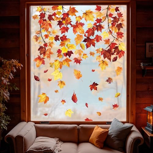 Whaline Fall Window Clings - 6 Sheets Colorful Maple Leaf Decals