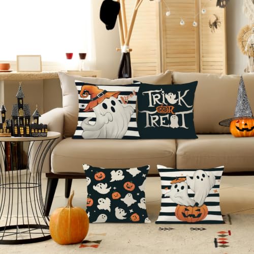 Bonhause Halloween Throw Pillow Covers Set of 4 - 18x18 Inch Ghost & Pumpkin Decor