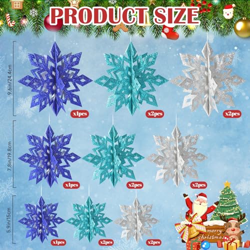 3D Blue Silver Snowflakes Hanging Decorations - 15pcs Christmas Ornaments