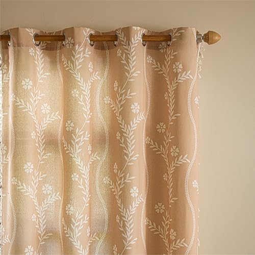 Boho Linen Curtains 52 x 63 Inches - Pack of 2 Beige Floral Farmhouse Window Drapes