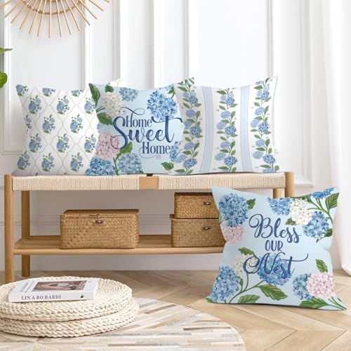 18x18 Set of 4 Blue Hydrangea Velvet Pillow Covers - Hidden Zipper, Seamless Design