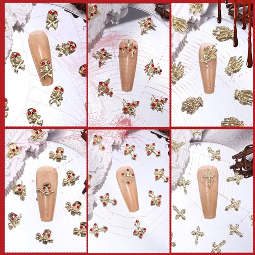 CESUSME 35 Pcs Gold Punk Nail Charms Alloy Skull Skeleton Hand Gems