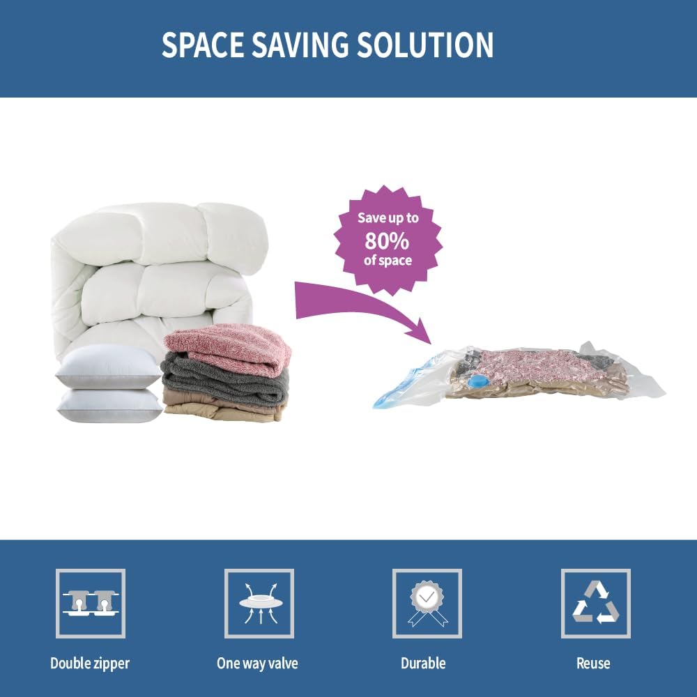 Skiennix Vacuum Storage Bags - 7 Pack Space Saver for Clothing & Travel | Includes Hand Pump