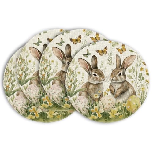 14 Inch Egg Bunny Rabbit Butterfly Floral Easter Placemats Set of 4 - Beige