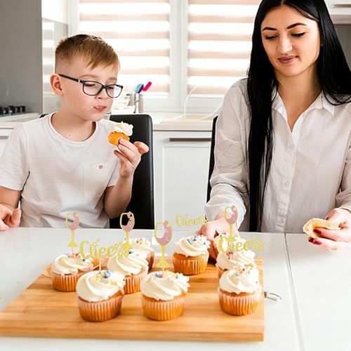 12 Pcs Rose Gold Glitter Cheers Cupcake Toppers Set