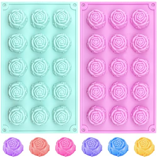 2-Pack Rose Silicone Fondant Molds, 15-Cavity Flower Baking & Craft Molds