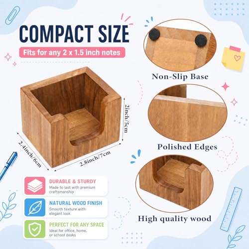 Wood Sticky Note Holder with 8 Pads - 1.5 x 2 Inch Memo Dispenser