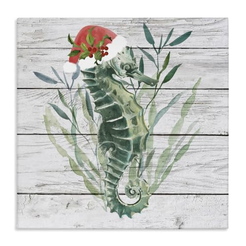 Christmas Seahorse Santa Hat Wall Art - Coastal Holiday Canvas 30x30 Inch Variation of Coastal