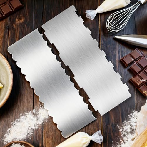 Stainless Steel Cake Scraper 2 Pack - 8.7 Inch Double Sided Stripe Comb