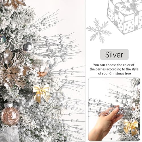 Silver Artificial Glitter Berry Stem Ornaments 15 Inch Christmas Tree Picks - 10 Pack