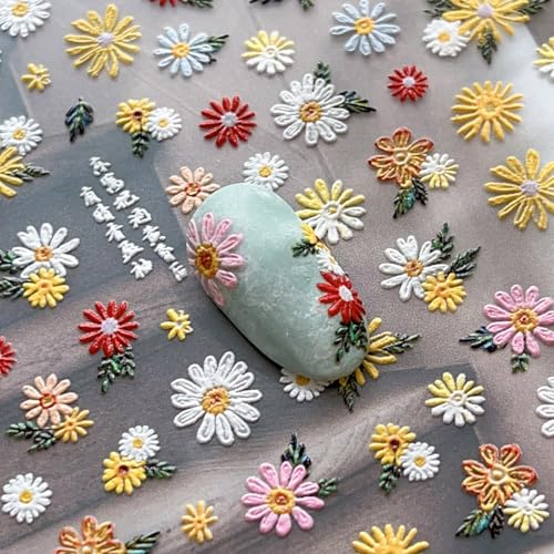 5D Embossed Floral Nail Stickers - Self-Adhesive Daisy Flower Nail Decals