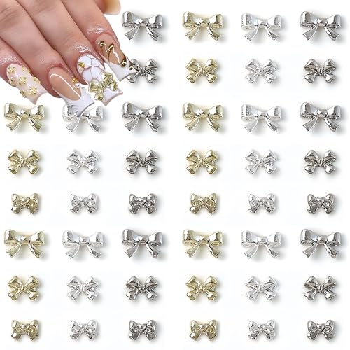 Tephrent 100Pcs Metal Bow Nail Gems and Charms - Gold & Silver Rhinestones