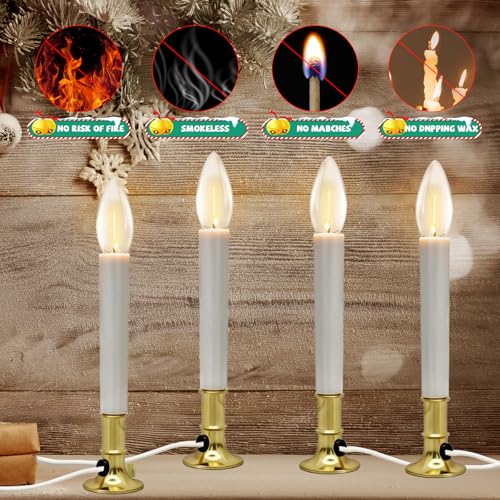 Gold 4 Pack Electric Window Candle Lamps with Brass Base, Dusk to Dawn Sensor