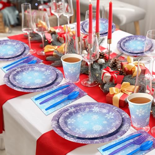 Winter Snowflake Paper Plates and Napkins Set - Blue and Purple, Serve 50