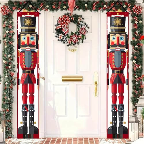 Outdoor Christmas Nutcracker Banner for Porch - Wide Soldier Style 30x71 Inch Red & Black Holiday Door Decor