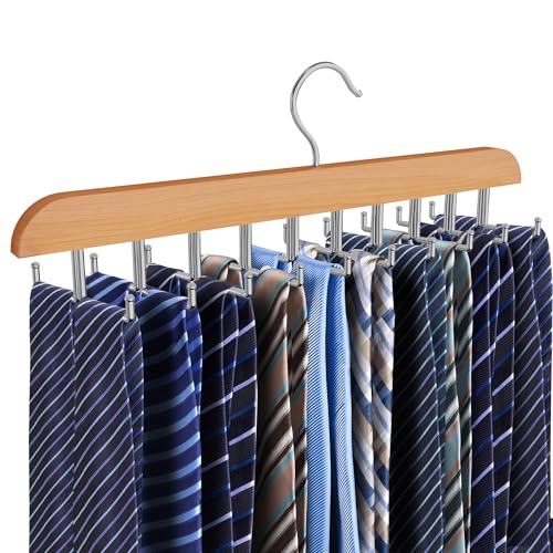Wooden Tie and Belt Rack - 20 Folding Hook Organizer for Closet