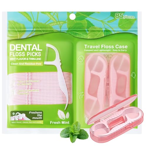 Dual-Line Mint Dental Floss Picks with 2 Travel Cases - 85 Count