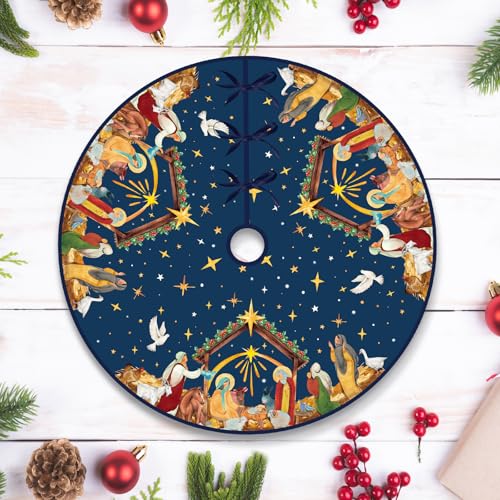 Religious Jesus Nativity Scene Christmas Tree Skirt 36 Inch Navy Blue Holiday Decor