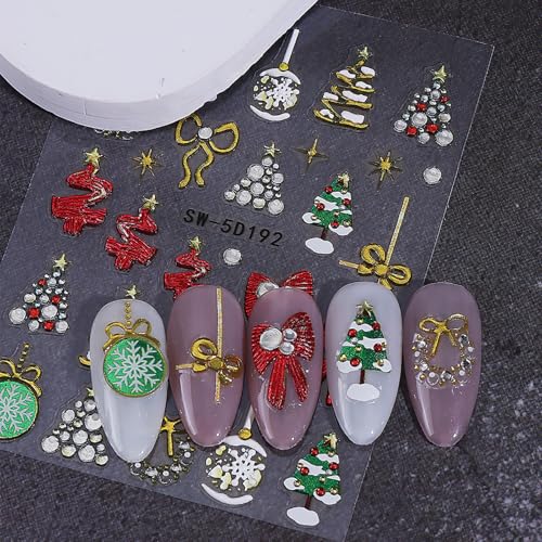 5D Embossed Christmas Nail Stickers Glitter Snowflake Reindeer Decals 3Sheets