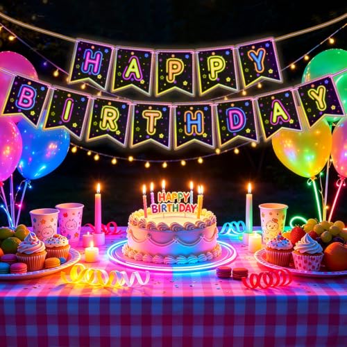 Neon Glow Happy Birthday Banner - Fluorescent Party Decoration