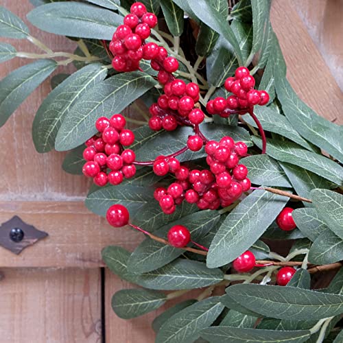Christmas Olive Wreath for Front Door with Red Berries and Jingle Bell Decor - 20 Inch Farmhouse Holiday Decoration