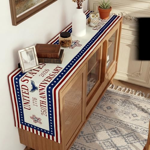 Patriotic Table Runner for 4th of July | 72 x 13 Inch Linen Decor