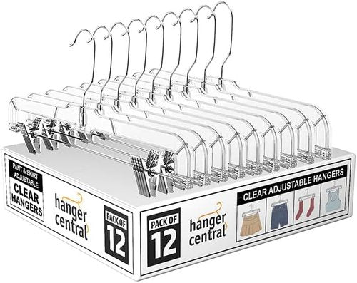 Hanger Central Premium 14-Inch Clear Pants Hangers - Adjustable Clips & 360° Swivel Hook | 12 Pack