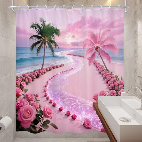 Cinbloo Tropical Beach Shower Curtain Set, Hot Pink Sunset, 60"W x 72"H