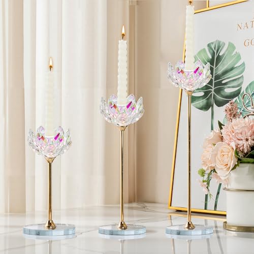 3pcs Crystal Lotus Flower Taper Candle Holders - 8.66" Elegant Centerpiece