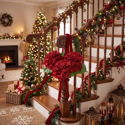Artificial Hydrangea Flowers 3 Pack - Burgundy 17.7 Inch Christmas Decor